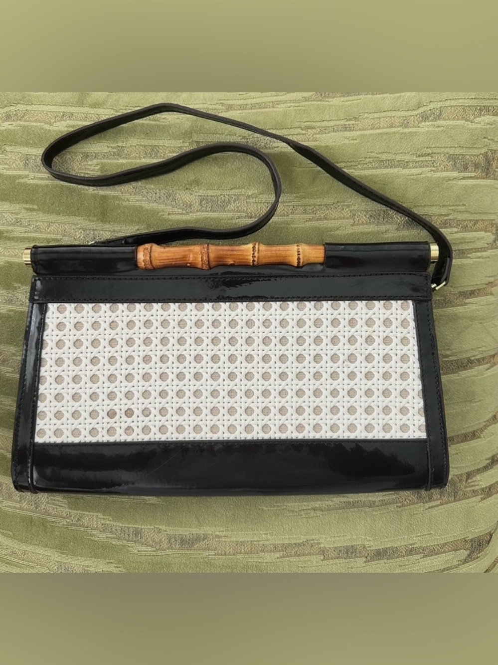 Anne Klein Earthly Delights Black Patent Bamboo Caning Shoulder Bag Clutch